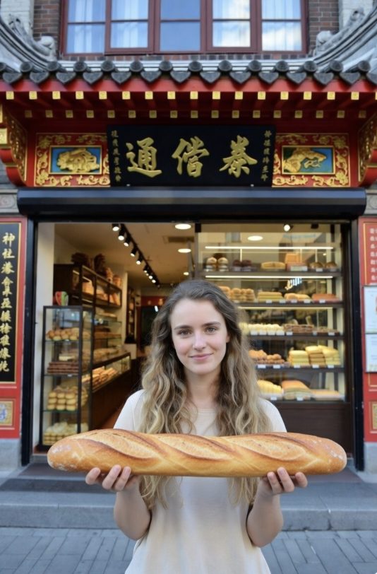 A young woman holding a long baguette in both hands outside a Chinese bakery