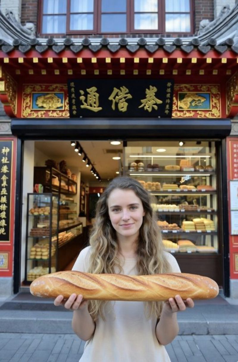 A young woman holding a long baguette in both hands outside a Chinese bakery