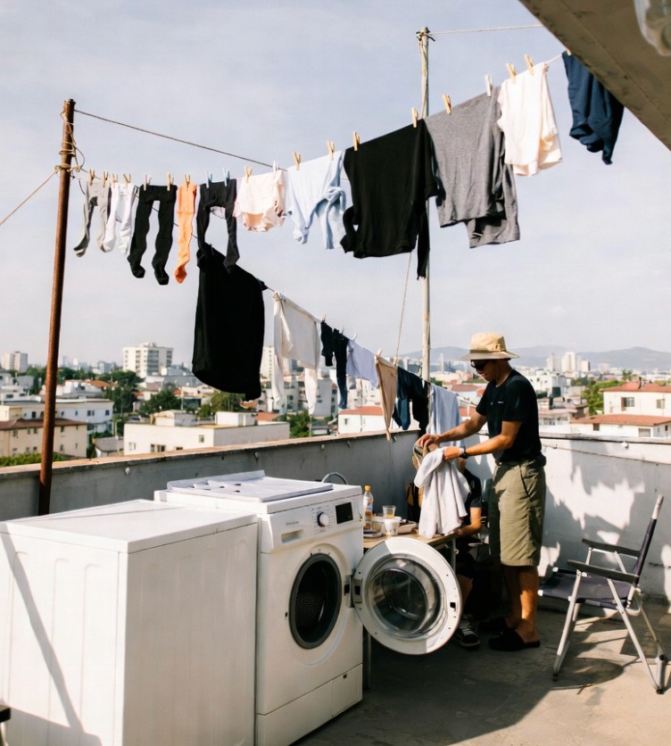 Rooftop hostel laundry — clotheslines and washing machines