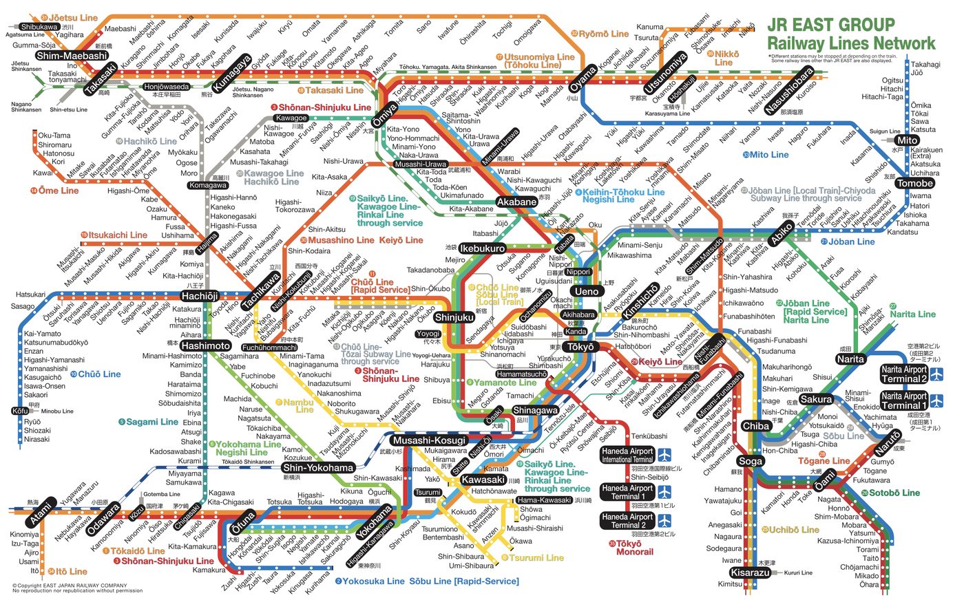 A map of the JR East railway network around Tokyo, a dense multi-coloured web of overlapping lines