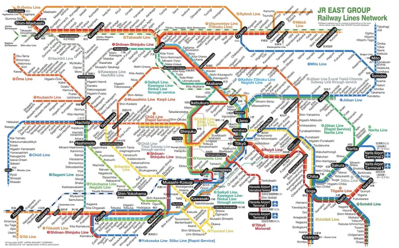 A map of the JR East railway network around Tokyo, a dense multi-coloured web of overlapping lines
