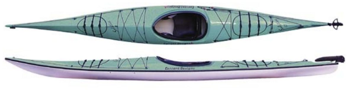 Top and side views of a green Current Designs touring kayak