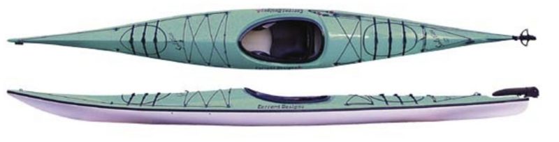 Top and side views of a green Current Designs touring kayak