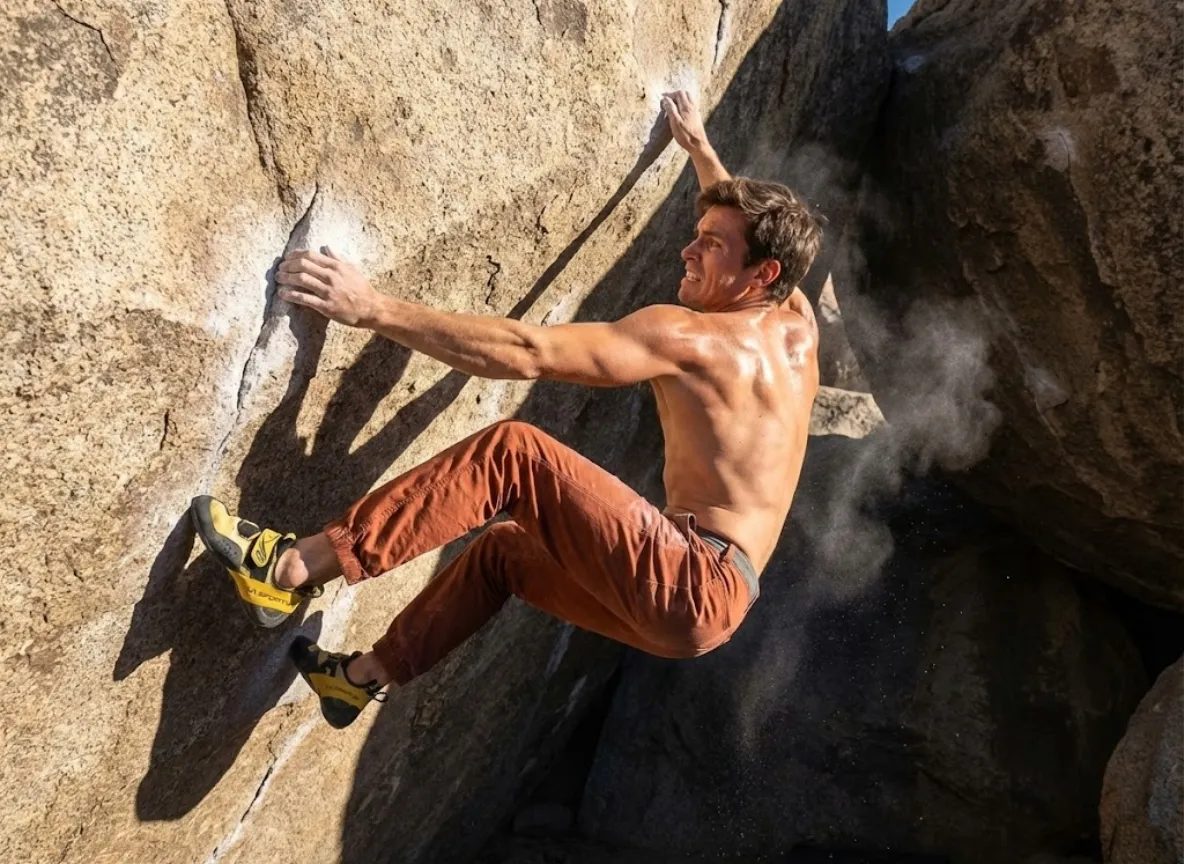 A shirtless climber bouldering across a steep rock overhang, chalk dust in the air