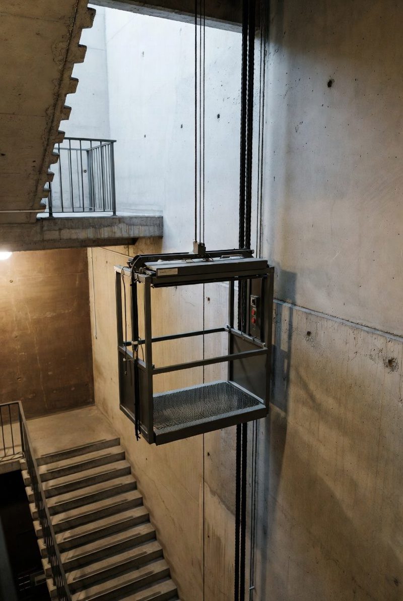 A small goods lift suspended beside a bare concrete stairwell, used to haul luggage between floors