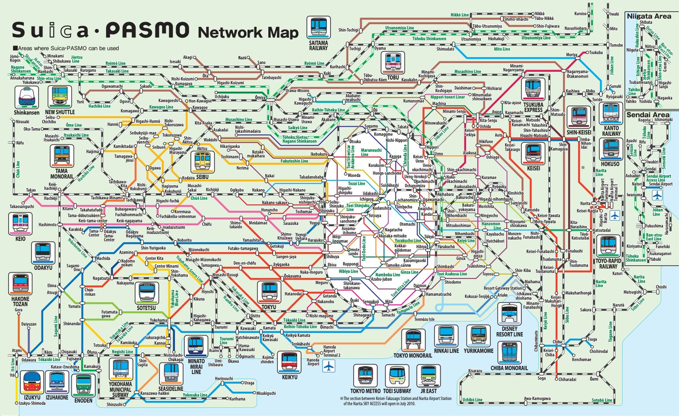 The Suica-PASMO network map of greater Tokyo rail lines