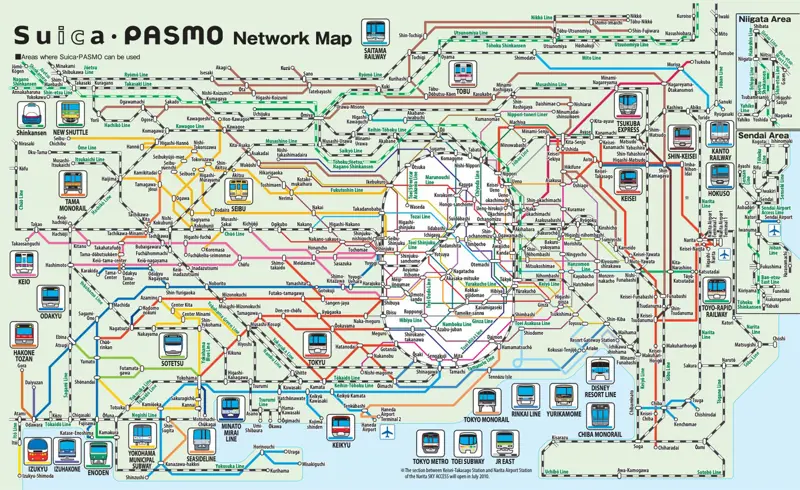 The Suica-PASMO network map of greater Tokyo rail lines