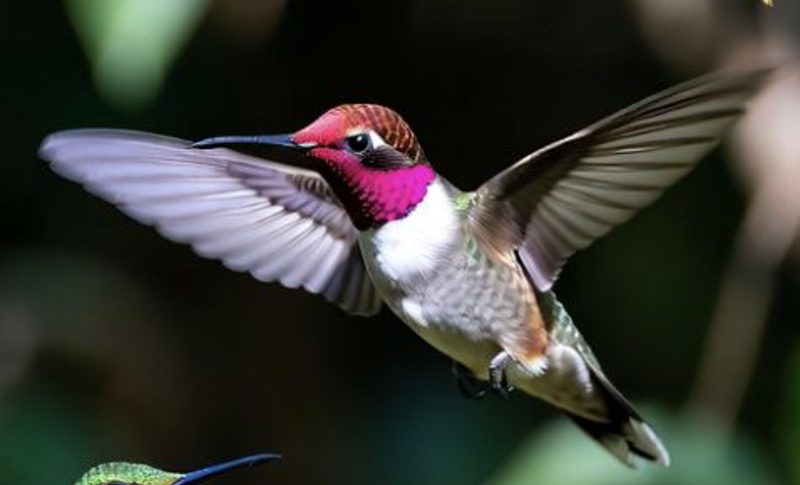 A hummingbird with a magenta throat hovering in mid-air