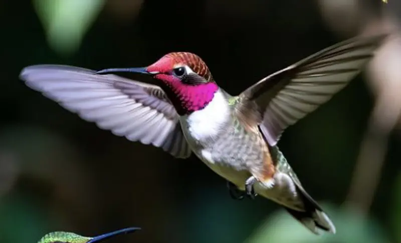 A hummingbird with a magenta throat hovering in mid-air